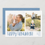 Happy Hanukkah Playful 2 Foto Feiertagskarte<br><div class="desc">Hanukkah Holiday Foto Card. Feature,  playful light blue bold handwritten "Happy Hanukkah" ,  2 Foto-Spaces on front or card,  and coordinating snowy overlay on light color backing. Template text lines for your name and year in matching blue color.</div>
