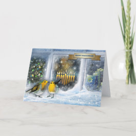 Happy Hanukkah. Schneefenster mit Menorah Feiertagskarte
