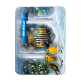 Happy Hanukkah. Schneefenster mit Menorah Magnet