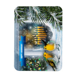 Happy Hanukkah. Schneefenster mit Menorah Magnet