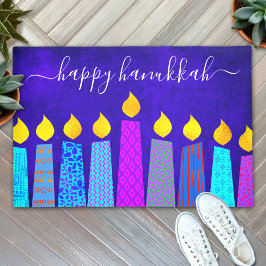 Happy Hanukkah Script Modern Boho Candles auf Blue Fußmatte