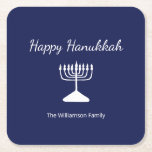 Happy Hanukkah Simple Menorah Blue Rechteckiger Pappuntersetzer<br><div class="desc">Happy Hanukkah Blue Holiday Party Papier Untersetzer,  mit einer einfachen weißen Menorah und Schrift typografisches Design. Mit einer weißen,  anpassbaren Schrift können Sie Ihre eigenen Informationen hinzufügen. Ein festliches Dekor,  um mit Freunden und Lieben zu feiern.</div>