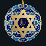 Happy Hanukkah. Star von David Custom Year Keramik Ornament<br><div class="desc">Happy Hanukkah. Gold Foil Star von David und Menorah Design Hanukkah Geschenkschmuck mit personalisierten Jahr. Matching Karten und Geschenke verfügbar in der jüdischen Ferien / Hanukkah Kategorie unseres Stores.</div>