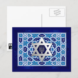 Happy Hanukkah. Star von David und Menorah Feiertagspostkarte