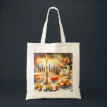 Happy Hanukkah Tragetasche<br><div class="desc">Hanukkah Aquarellbild. Ein wunderschön gestaltetes Set für eine festliche Feier mit einer traditionellen Menorah mit Kerzen. Das weiche,  warme Licht,  die Dekoration der Ferien verleiht dem Ganzen eine Touch Beifall. Warme Lichter schaffen eine gemütliche und einladende Atmosphäre.</div>
