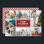 Happy Hanukkah Typografie Red Foto Collage Feiertagskarte<br><div class="desc">Happy Hanukka! Senden Sie Urlaubswünsche und Grüße mit dieser modernen und stilvollen Urlaubskarte. Es zeichnet sich durch Retrofett-Typografie mit weißen und roten diagonalen Streifen Muster aus. Personalisieren Sie Ihre Lieblings-Fotos,  Gruß,  Namen und andere Details. Die Texte sind vollständig editierbar. Erhältlich als Flachkarte,  gefaltete Karte und Postkarte.</div>