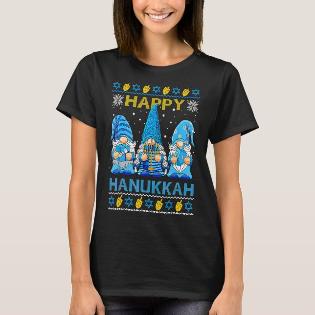 Happy Hanukkah Ugly Christmas Gnome Gnomies Menora T-Shirt (Vorderseite)