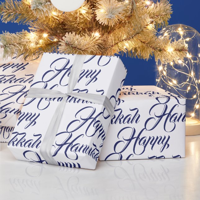 Happy Hanukkah, weiß und marineblau, elegantes Dre Geschenkpapier (Feiertage)