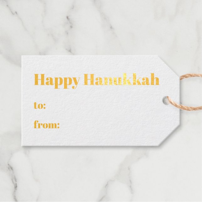 Happy Hanukkah weißes, minimalistisches Gold Geschenkanhänger (Vorderseite (Horizontal))