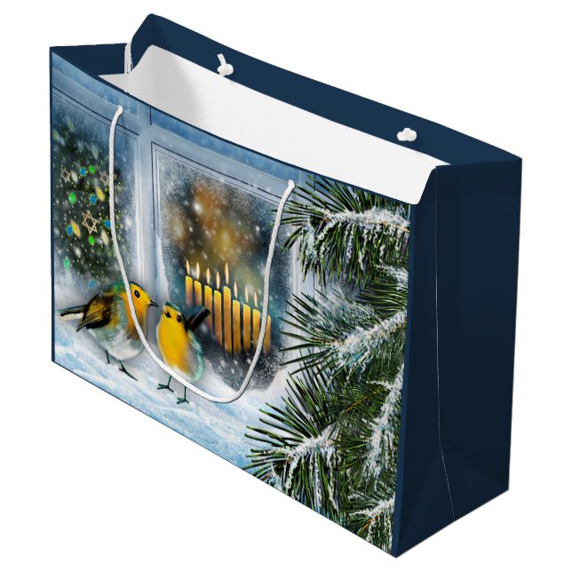 Happy Hanukkah. Winterbilder Große Geschenktüte (Vorderseite Schrägansicht)