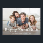 Happy Hanukkah Wird Typewriter Text and Foto Feiertagskarte<br><div class="desc">This simple and sweet Hanukkah card feys your own foto across the front,  along with the words "Happy Hanukkah" in vintage white typewriter text,  and a spot to personalize as you wish. The back feys a dark,  navy blue color.</div>