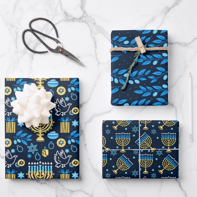 Happy Hanukkah Wrapping Paper Set 3 Geschenkpapier Set (Vorderseite)