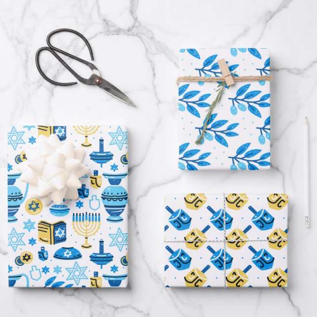 Happy Hanukkah Wrapping Paper Set 3 Geschenkpapier Set (Vorderseite)