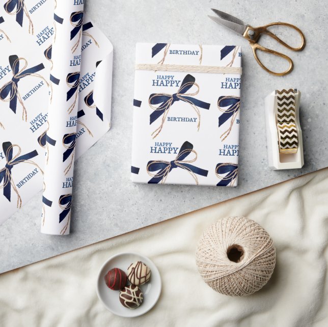 Happy Happy Birthday Kraft Blue Bows Wrapping Pape Geschenkpapier (Kunsthandwerk)
