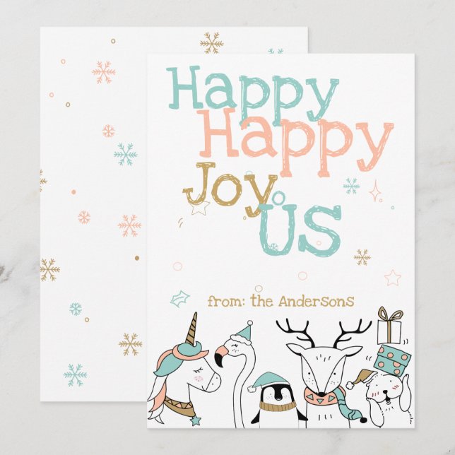 Happy Happy Joy Us Cartoon Critters Weihnachten Einladung (Vorne/Hinten)