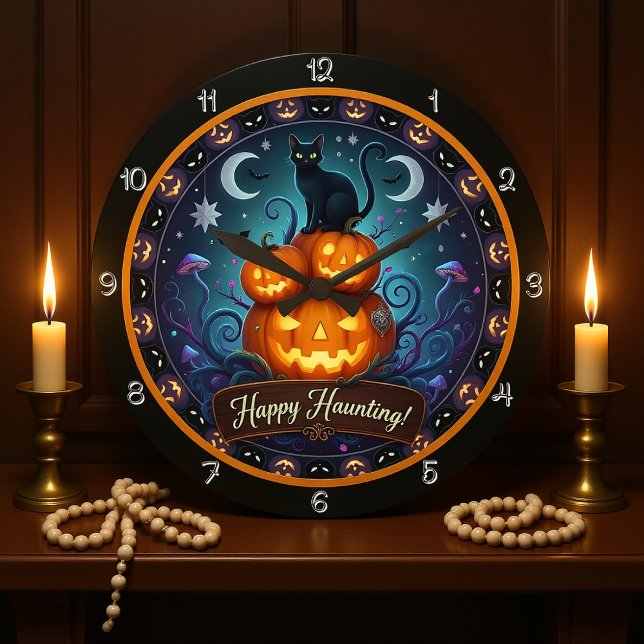 Happy Haunting Black Cat Pumpkin Große Wanduhr (Von Creator hochgeladen)