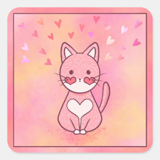 Happy Heart Cat Quadratischer Aufkleber