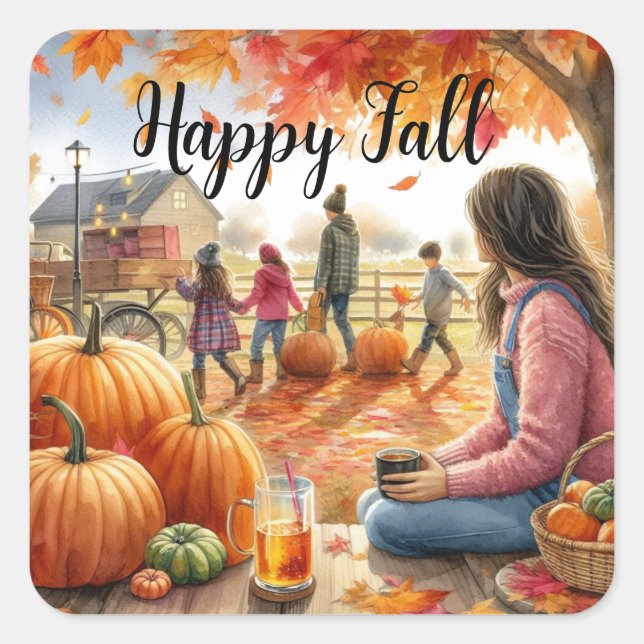 Happy Herbst Kürbis Quadratischer Aufkleber (Vorderseite)