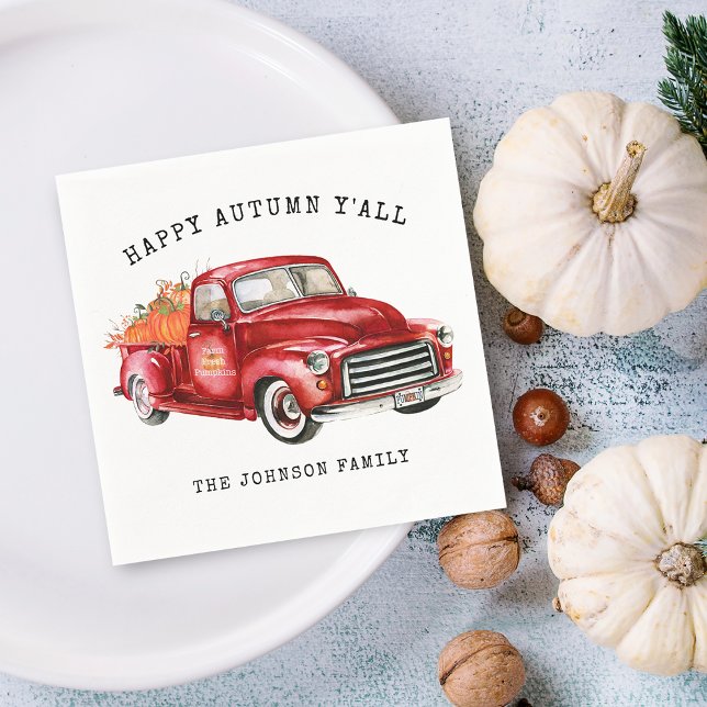 Happy Herbst Red Truck Pumpkins Personalisiert Serviette (Happy Autumn Red Truck Pumpkins Personalized Napkins)