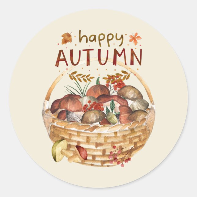 Happy Herbst Wild Mushroom Basket Harvest Runder Aufkleber (Vorderseite)
