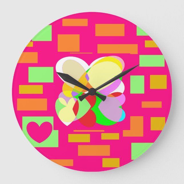Happy Herz Design in Pastellfarben und Plätzen Große Wanduhr (Vorderseite)