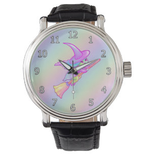 Happy Hexe, die auf Broomstick Zeichne Armbanduhr