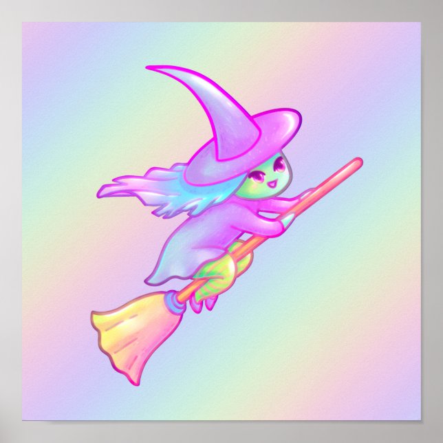 Happy Hexe, die auf Broomstick Zeichne Poster (Vorne)