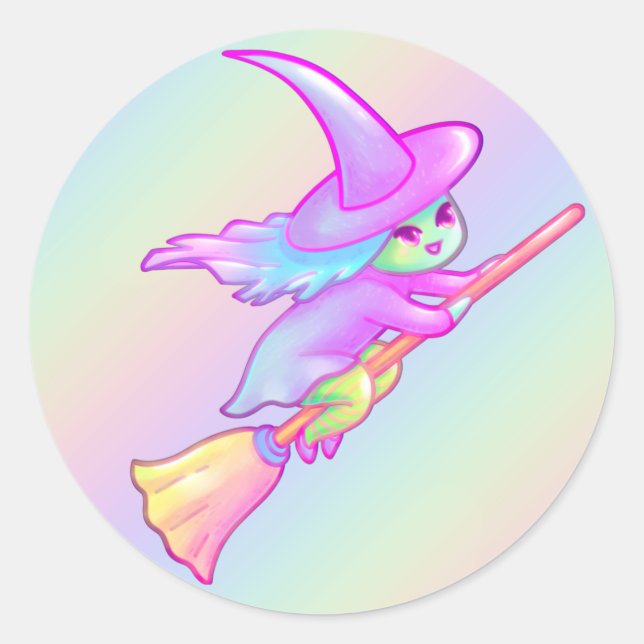 Happy Hexe, die auf Broomstick Zeichne Runder Aufkleber (Vorderseite)