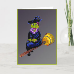Happy Hexe, die auf einer Broomstick-Halloween-Kar Feiertagskarte