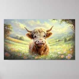 Happy Highland Kuh umgeben von lebhaften Blüten Poster