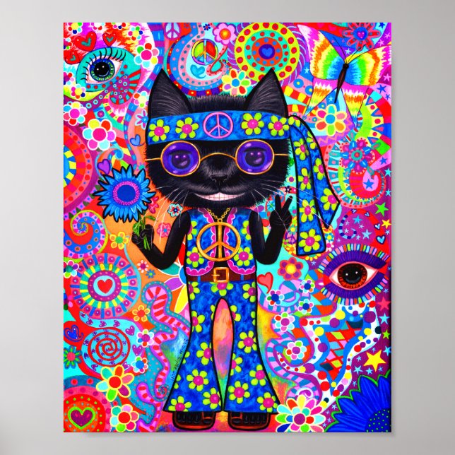 Happy Hippie Cat Peace Signing Lila Sonnenbrille " Poster (Vorne)