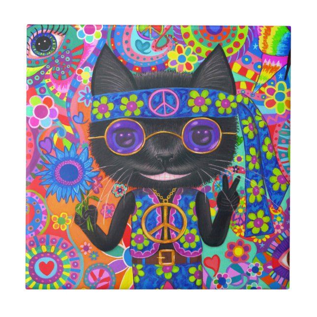 Happy Hippie Cat Sonnenbrille Peace Sign Blume Fliese (Vorderseite)