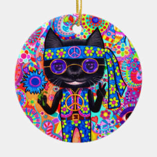 Happy Hippie Cat Sonnenbrille Peace Sign Blume Keramik Ornament