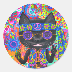 Happy Hippie Cat Sonnenbrille Peace Sign Blume Runder Aufkleber