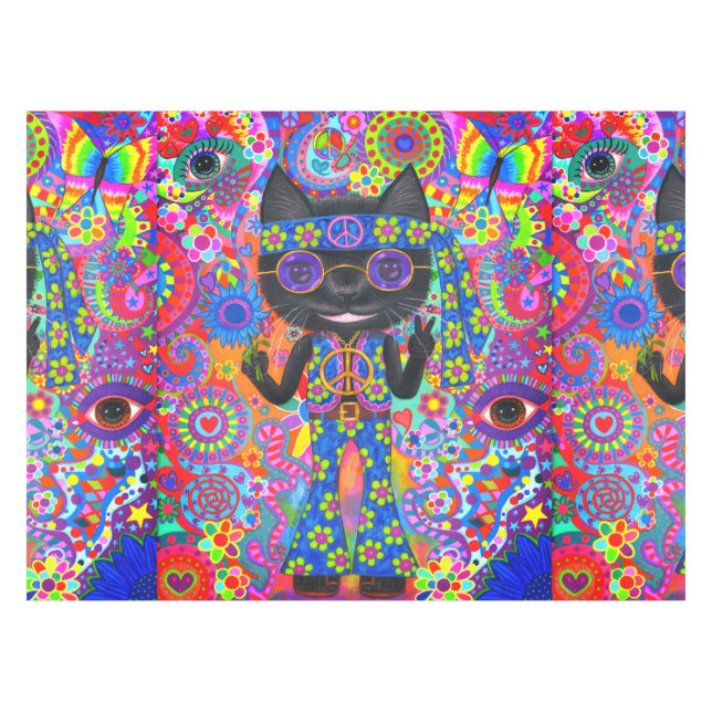 Happy Hippie Cat Sonnenbrille Peace Sign Blume Tischdecke (Vorderseite (Horizontal))