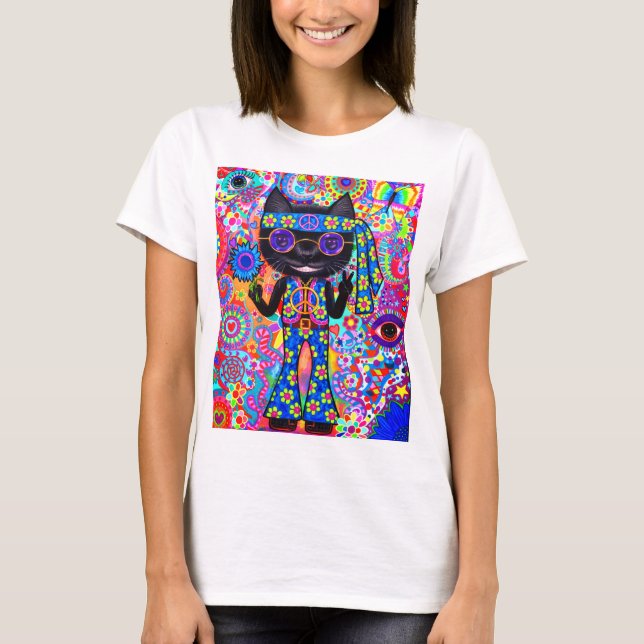 Happy Hippie Cat Sonnenbrille Peace Signes Blume " T-Shirt (Vorderseite)