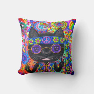 Happy Hippie Cat Sunglasses Peace Signes Blume Kissen