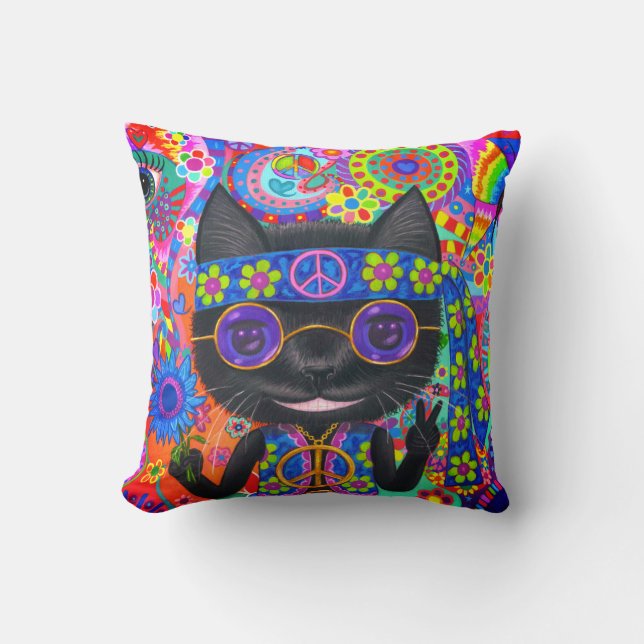 Happy Hippie Cat Sunglasses Peace Signes Blume Kissen (Vorderseite)