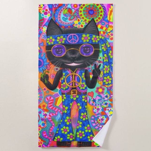 Happy Hippie Cat Sunglasses Peace Signes Blume Strandtuch (Vorderseite)