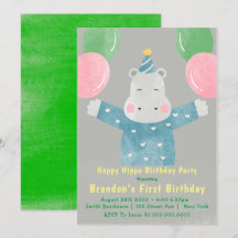 Happy Hippo Einladung zum ersten Geburtstag