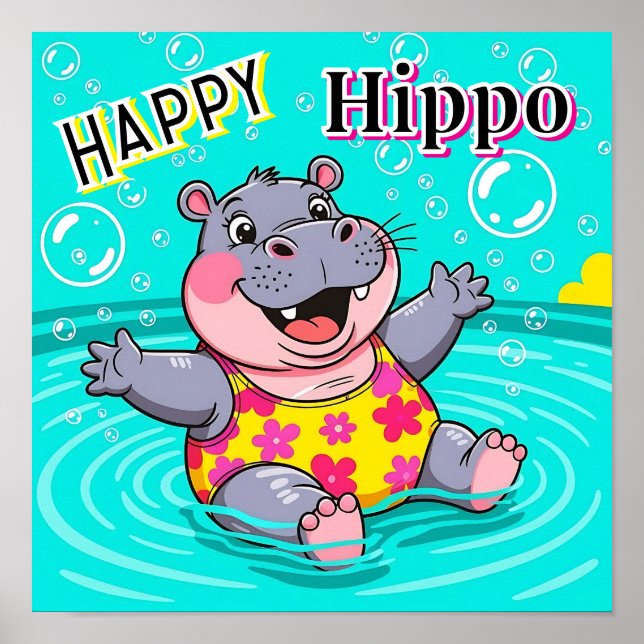 Happy Hippo | Niedlicher Cartoon Kids Kinderzimmer Poster (Vorne)