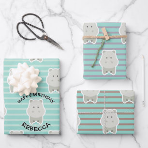 Happy Hippo Stripes Geburtsname Geschenkpapier Set