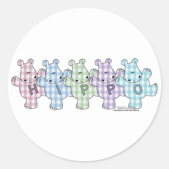 Happy Hippos pastel gingham Runder Aufkleber (Vorderseite)