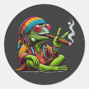 Happy Hippy Iguana Rauchen Zigarre Kunst Runder Aufkleber