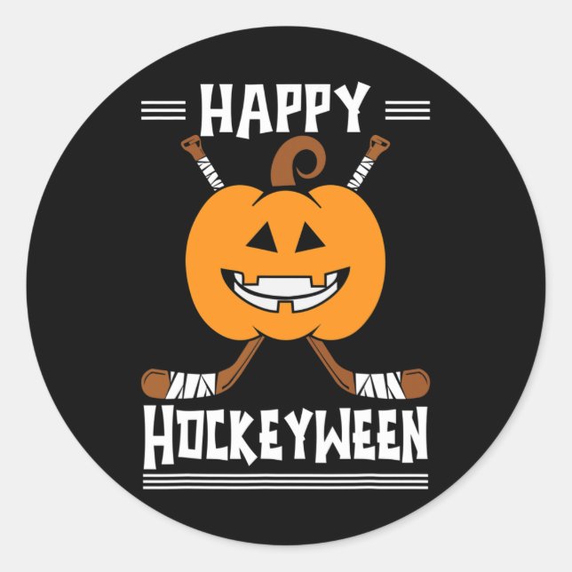 Happy Hockeyween Halloween Eishockeyspieler und H Runder Aufkleber (Vorderseite)
