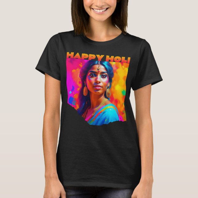 Happy Holi Schöne Frau in Blau T-Shirt (Vorderseite)