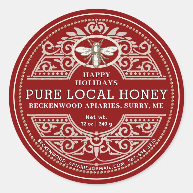 Happy Holiday APIARY Ornate Miel étiquette Rouge (Devant)