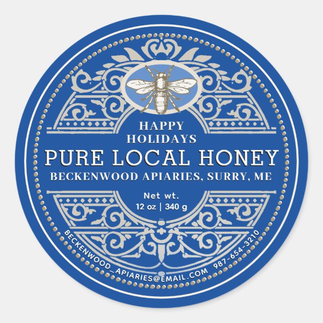 Happy Holiday APIARY Ornate Miel étiquette Sapphir (Devant)