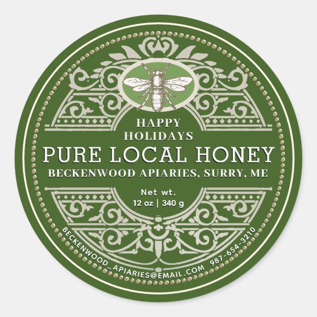 Happy Holiday APIARY Verziert Honey Label Green Runder Aufkleber (Vorderseite)