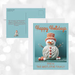 Happy Holiday Christmas Meringue Snowman Postkarte<br><div class="desc">Wer Liebe nicht zu Weihnachten Süßigkeiten und Desserts? Das ist mein Design eines fröhlichen Schneemans aus süßen Leckereien. Der Hauptteil des Schneemanns besteht aus Meringue mit Bonbonknöpfen. Der Schneemann hat einen Marshmallow-Kopf und einen mit Süßigkeiten bedeckten Hut. Arme, Augen und Lächeln des Schneemanns sind alle aus köstlicher Milchschokolade. Und natürlich...</div>